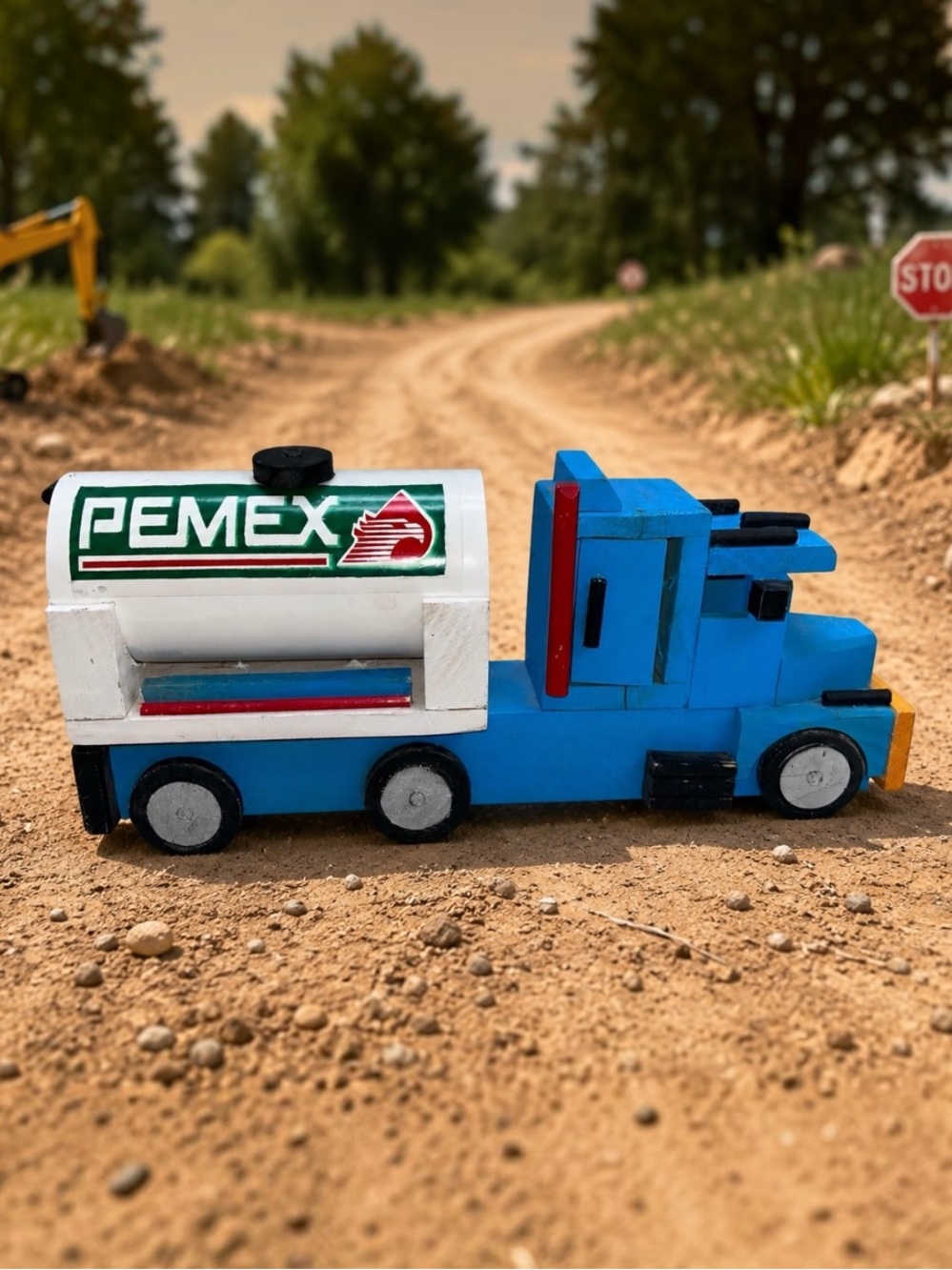 Vintage Handmade PEMEX Wooden Tanker Semi Truck Toy Mexico 13” Rolling 6 Wheels